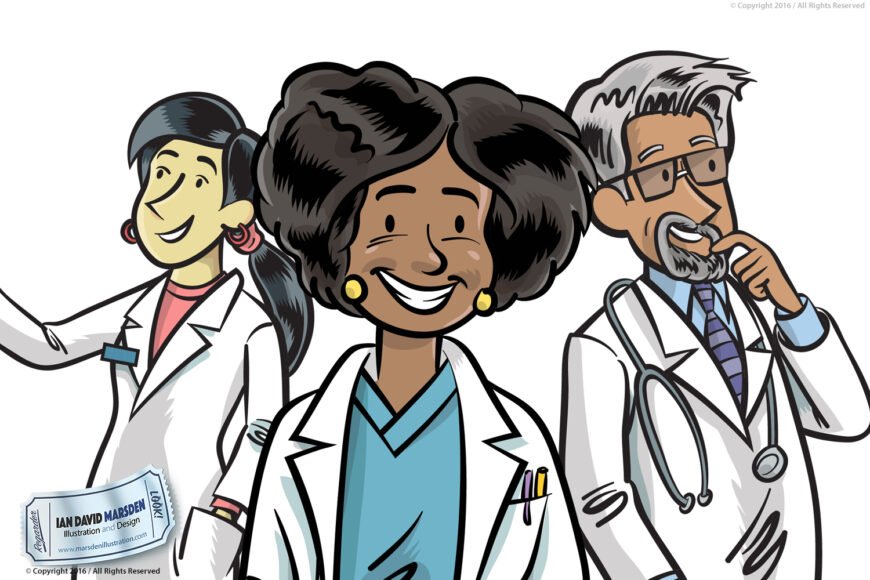 Three smiling medical professionals in lab coats, central figure with curly hair, others with ponytail and glasses.