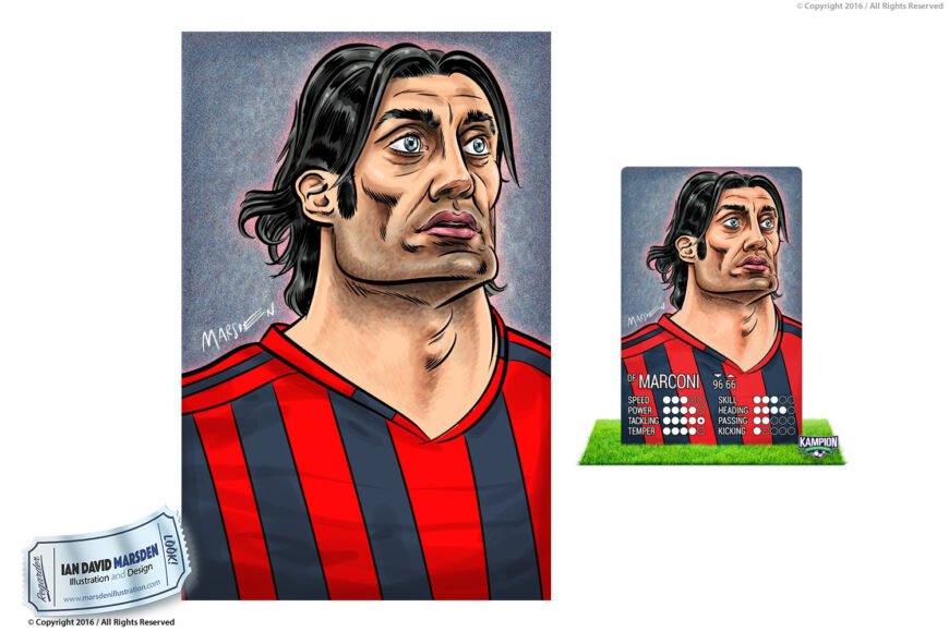 Soccer player illustration with long hair, striped jersey, alongside trading card and ratings.