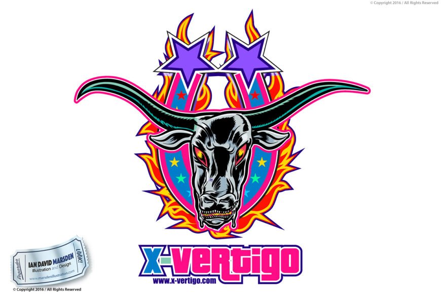 Stylized bull head with long horns, flames, horseshoe, stars, "X-Vertigo," and copyright notice.