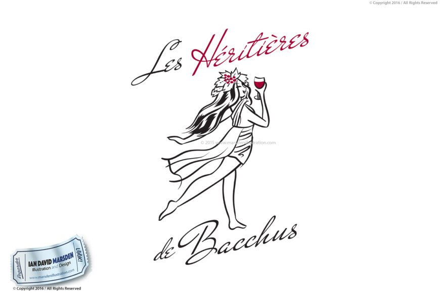 Stylized woman with wine glass, leaves in hair, text "Les Héritières de Bacchus."