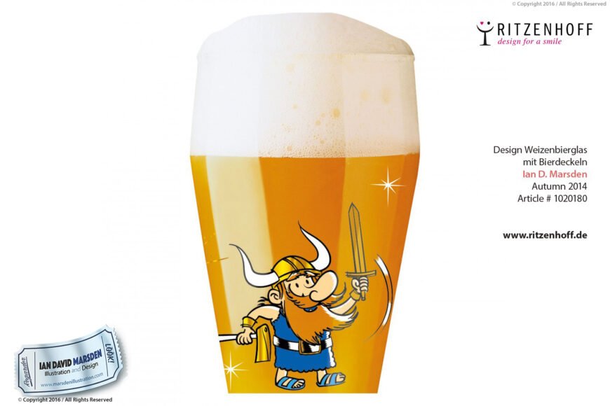 Tall beer glass with a cartoon Viking, designed by Ian D. Marsden for Ritzenhoff 2014.