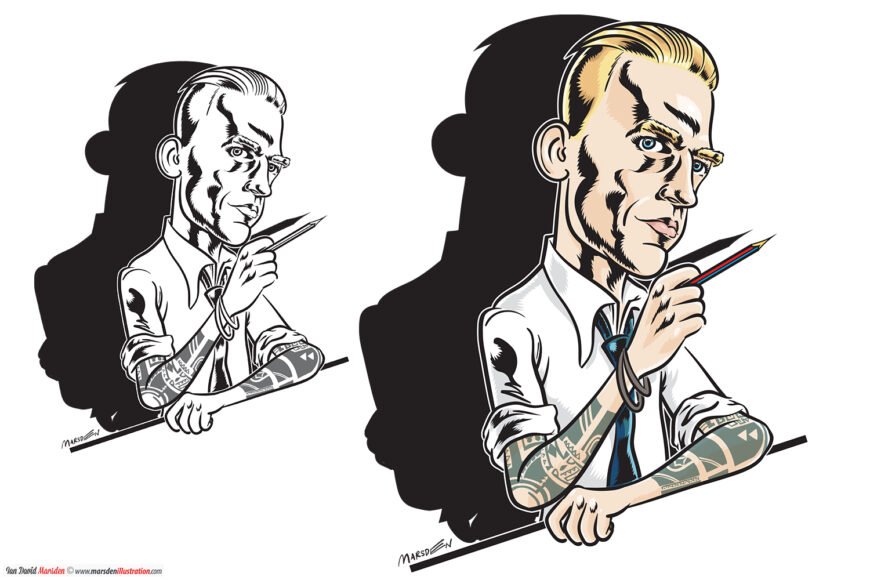 Stylized caricature of tattooed man with pencil, white shirt, tie, and a distinct shadow.