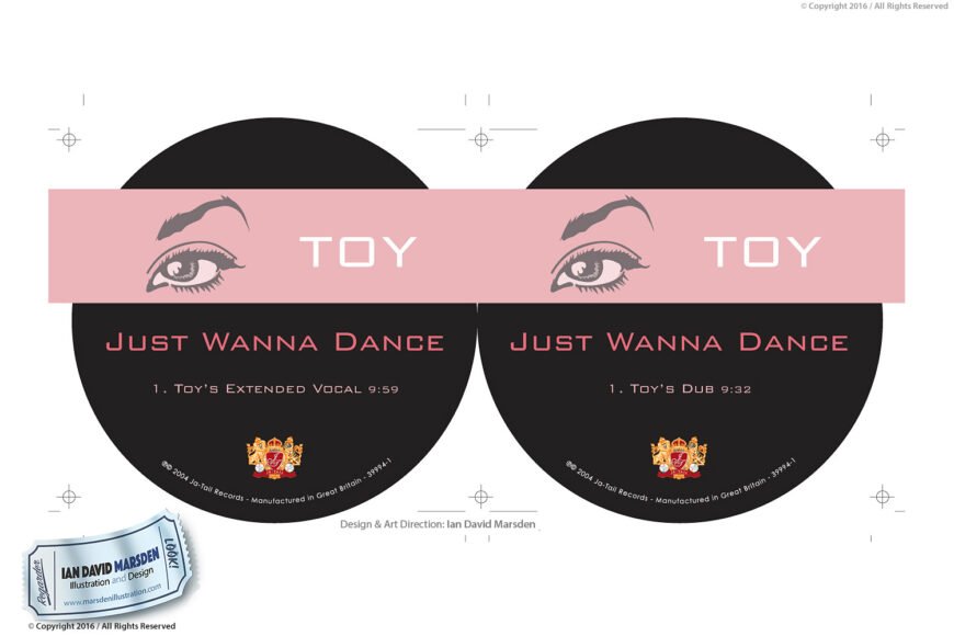 Toy vinyl cover by Ian David Marsden for Jo-Tail Records, features stylized eyes, pink theme.