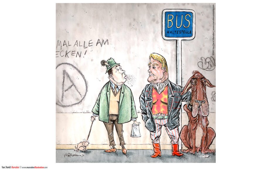 Two men and a large dog at a bus stop, one in German attire, the other flamboyant, graffiti behind.