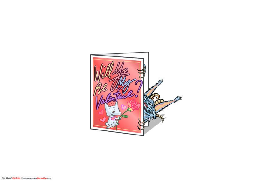 Valentine's card with cat and rose, blue tentacled creature peeks from behind, red background.