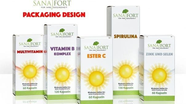 Multivitamin, Vitamin B, Ester C, Spirulina, Zinc, Selenium packages with sun design, capsule count.