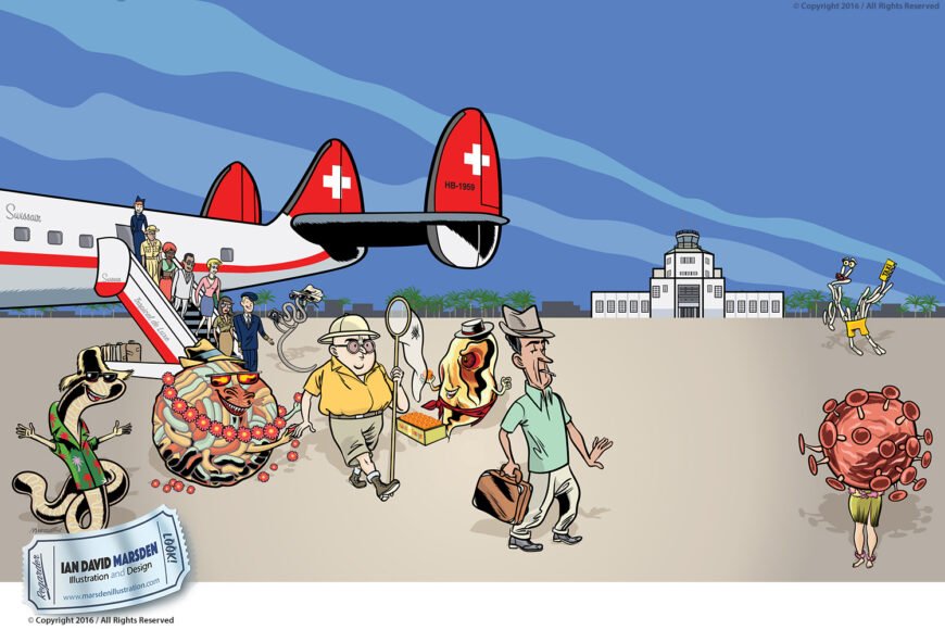 Whimsical airport scene with anthropomorphic characters and Swiss airplane in art deco setting.