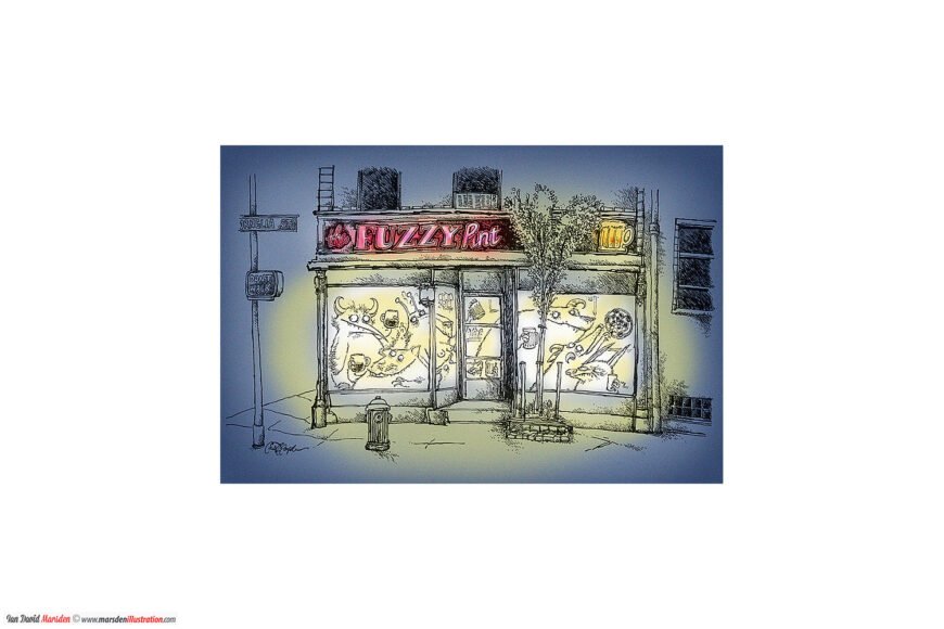 Whimsical night scene of "The Fuzzy Pint" storefront with illustrations and street signs.