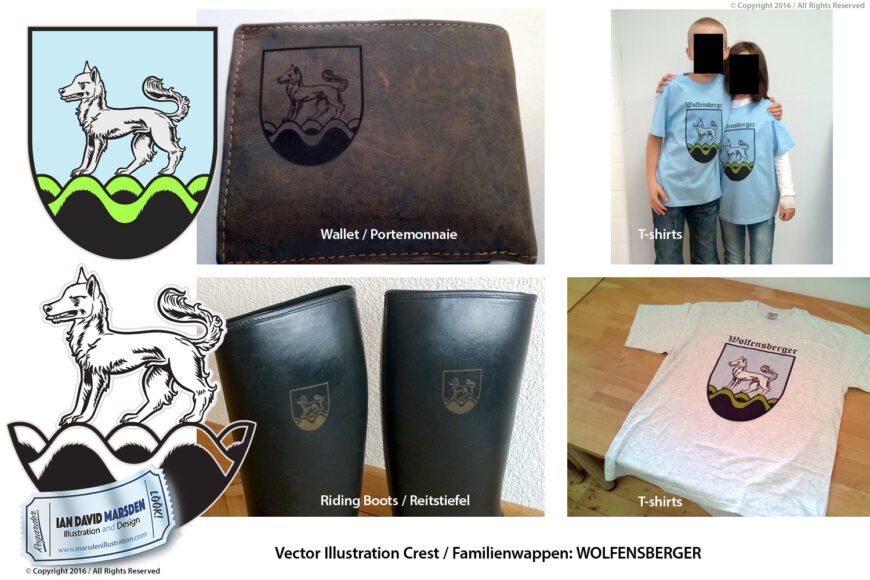 Various items with Wolfensberger family crest featuring a stylized wolf on a shield.