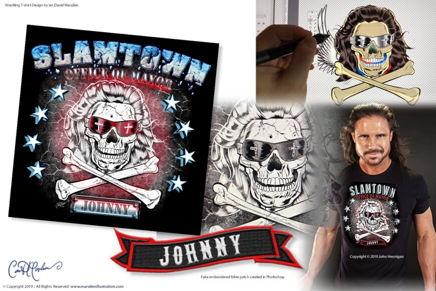 Wrestling T-shirt design with skull, sunglasses, bone crosses, stars, and "Johnny" banner.