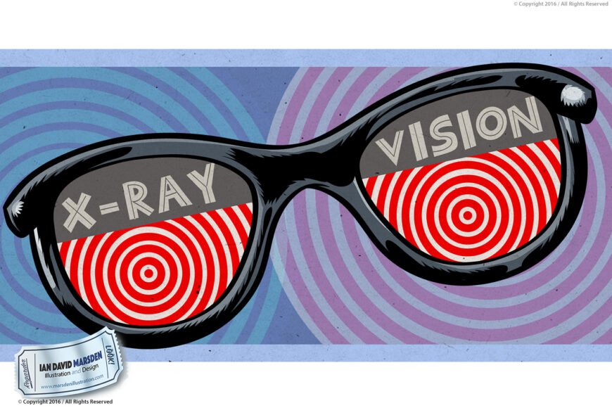 Sunglasses with "X-Ray Vision" lenses with red spirals, blue-purple concentric circles background.