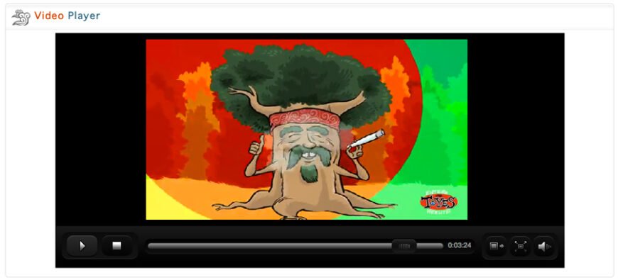 Animated tree character with green top, red headband, holding cigar in colorful background.