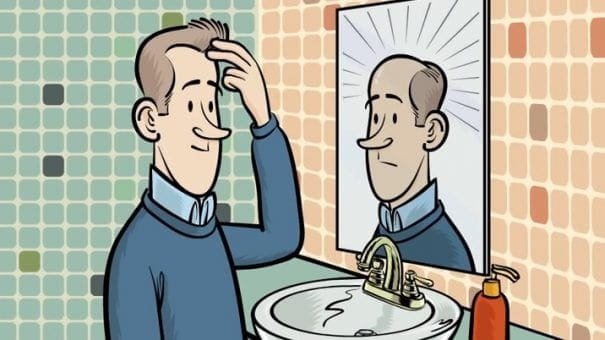 Cartoon man touches hair by bathroom sink with mirrored reflection and tiled wall background.