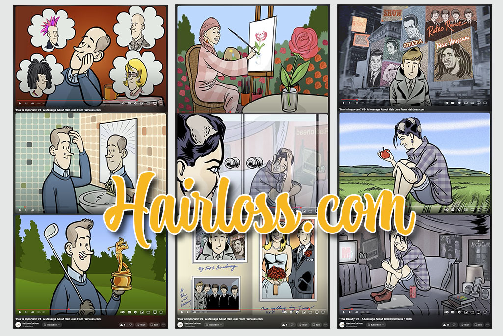 Illustrated scenes from the HairLoss.com animated awareness campaign created by Ian David Marsden, covering topics like alopecia, cancer recovery, and trichotillomania.