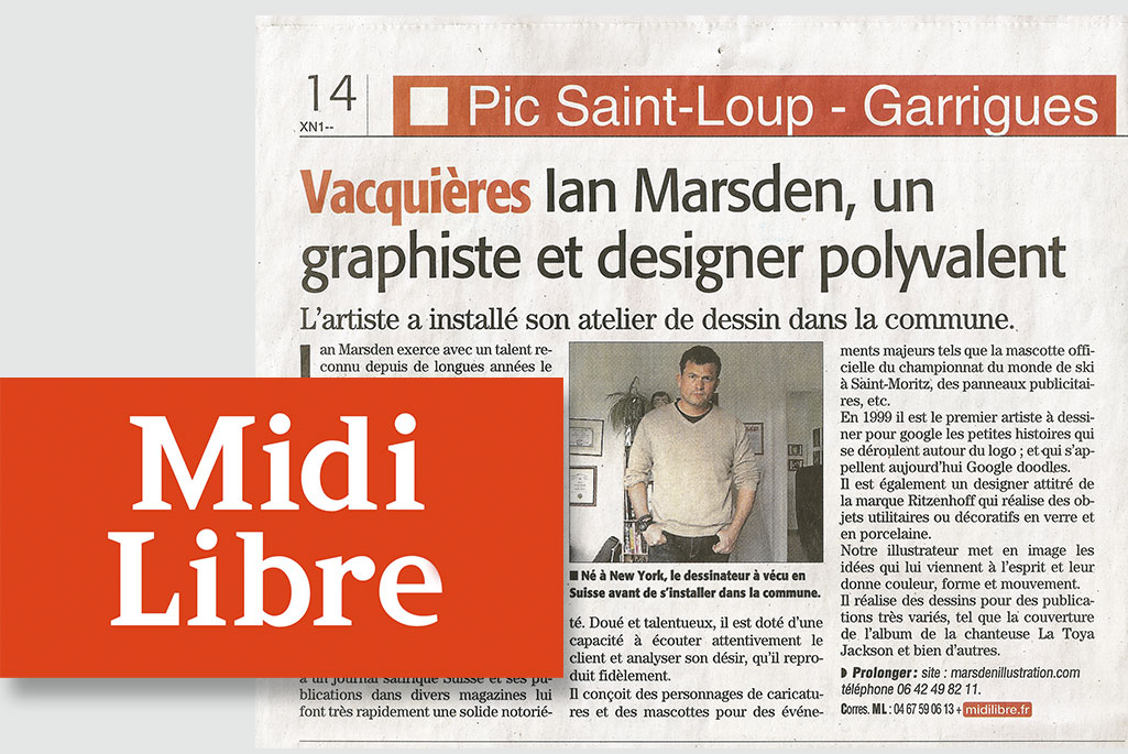 Ian David Marsden, dessinateur et directeur artistique, photographié dans son atelier. Présentation de son travail dans un article de presse locale (Montpellier, Hérault).