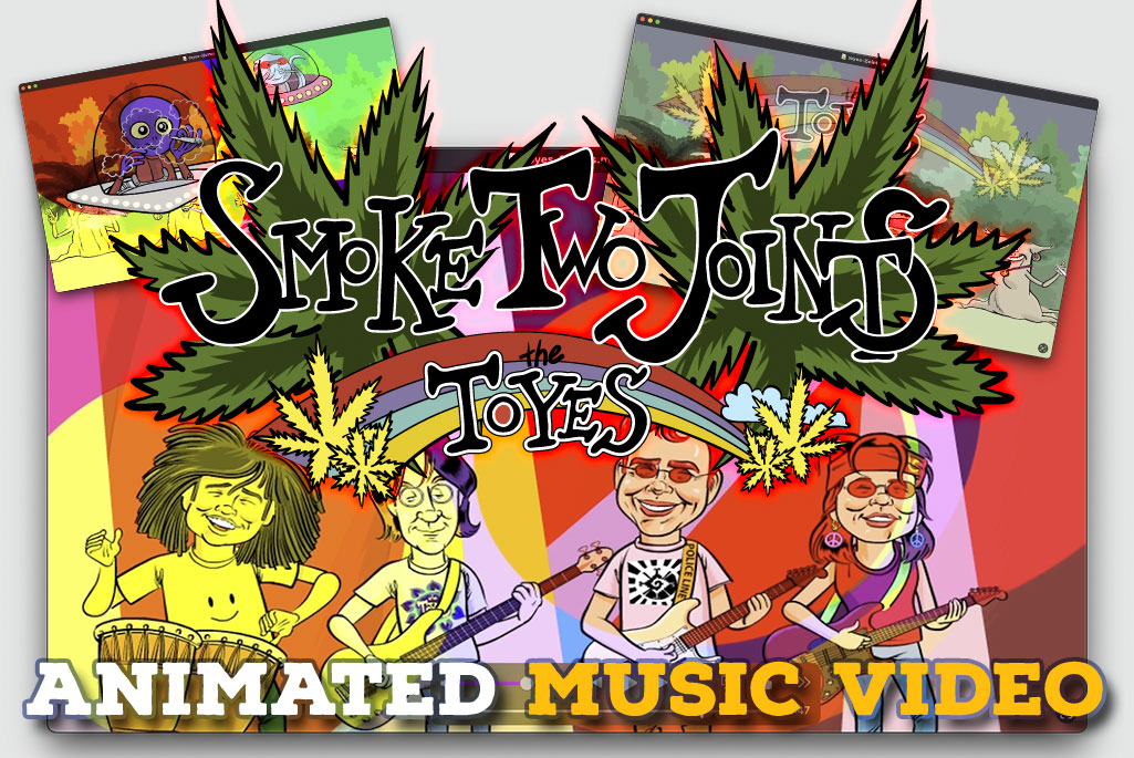 Cartoon band illustration of The Toyes with alien UFOs and cannabis leaves — animated music video artwork for “Smoke Two Joints” by Ian David Marsden