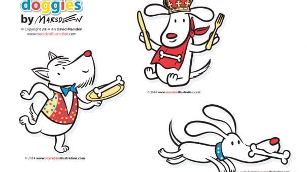 Three cartoon dogs, one with a vest and bone, another with crown and utensils, third running.