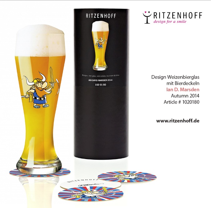 Ritzenhoff weizenbier glass set with Viking design, coasters, and packaging by Ian D. Marsden.