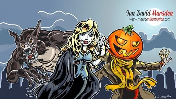 Halloween cartoon with a werewolf, female vampire, and pumpkin-headed figure under a night sky.