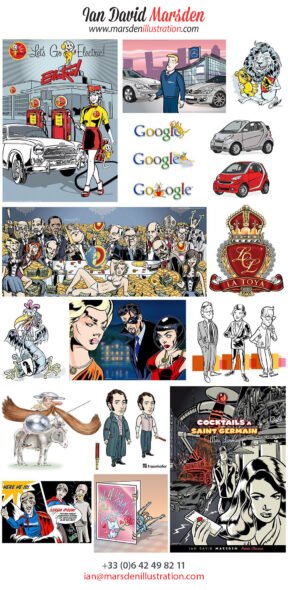 Collage of Ian David Marsden's illustrations, featuring diverse themes and artist's contact info.