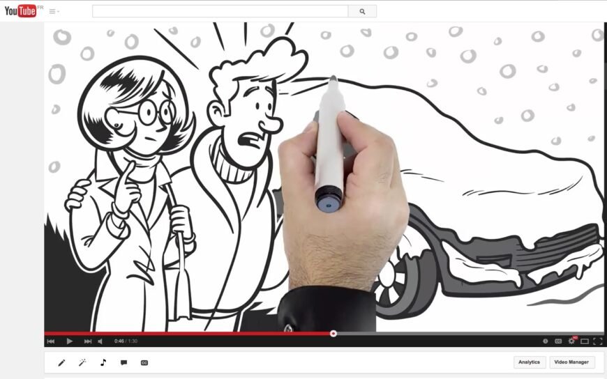 Hand drawing worried couple near snow-covered car on a YouTube video screen.