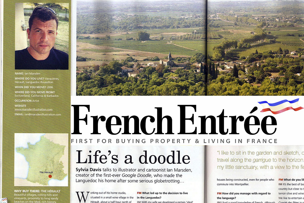 ortrait of illustrator Ian David Marsden and aerial view of the Languedoc countryside featured in FrenchEntrée magazine
