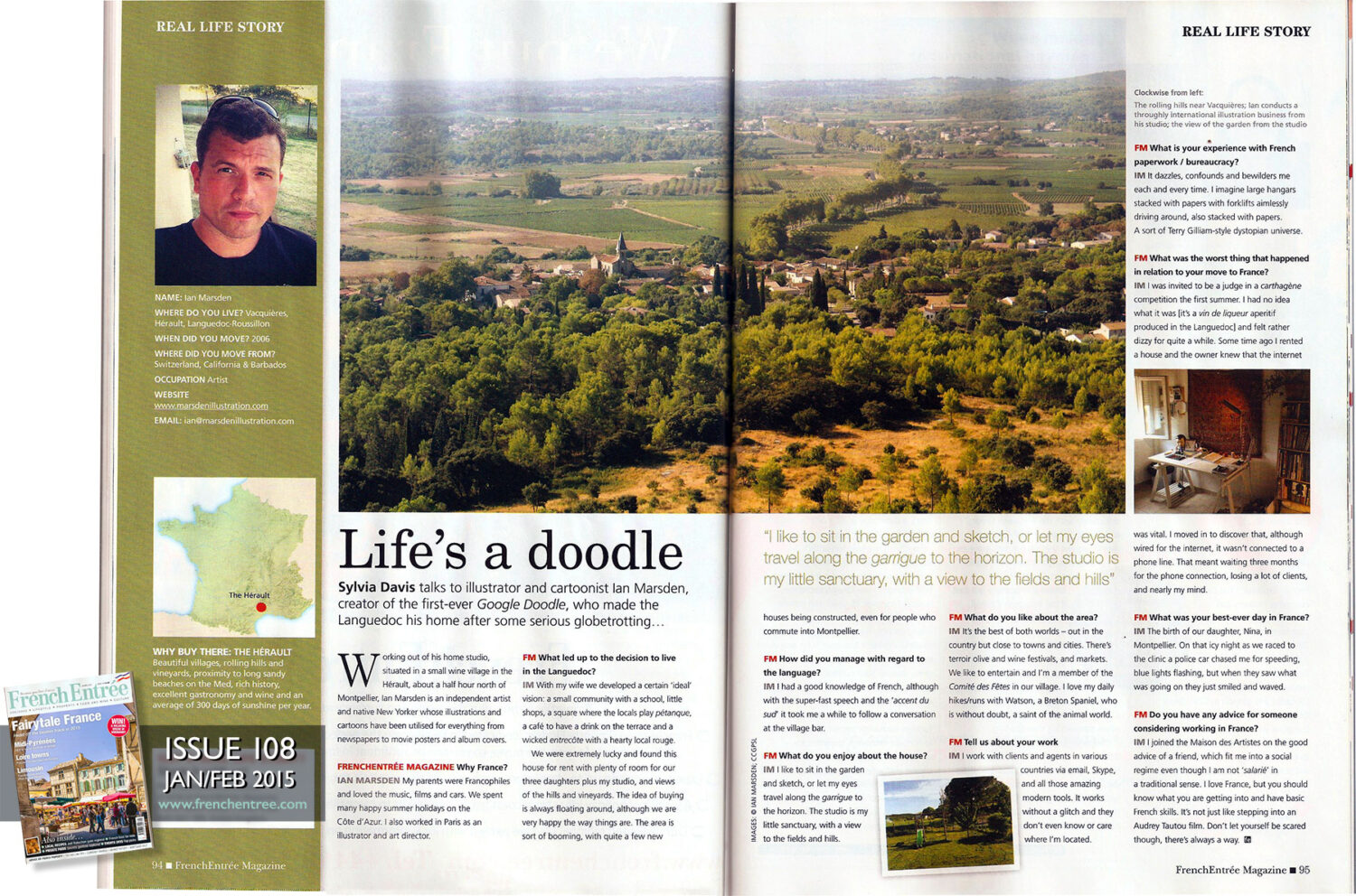Double-page article in FrenchEntrée Magazine featuring Ian David Marsden’s life and work as an illustrator in the South of France