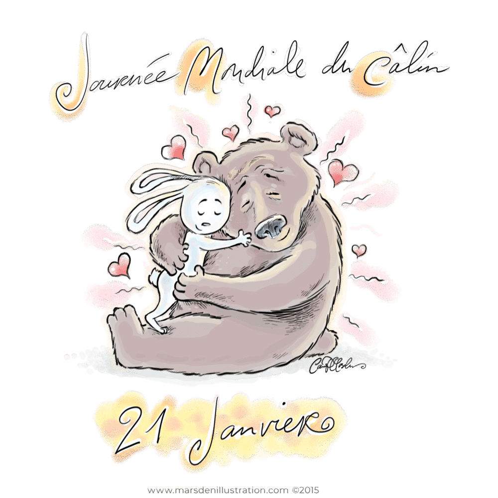 Dessin gratuit et tendre d’un ours et d’un lapin qui s’enlacent – Journée Mondiale du Câlin