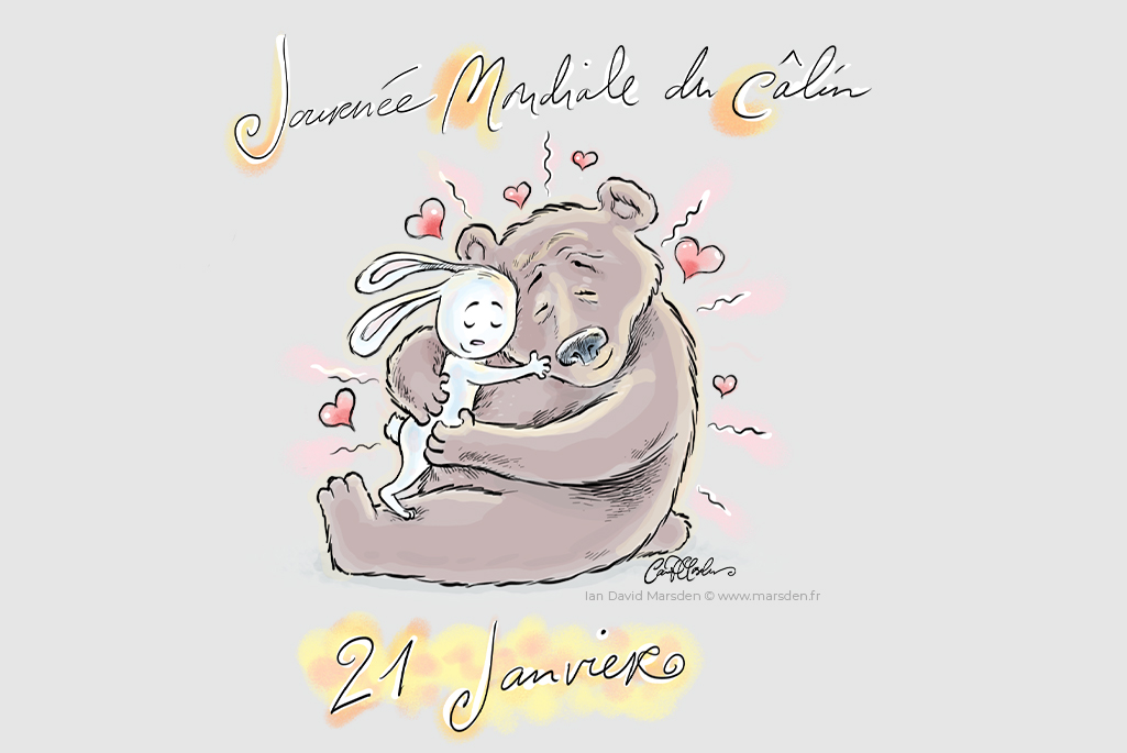 Image câlin mignonne – lapin et ours qui s’enlacent pour la Journée du Câlin 21 janvier