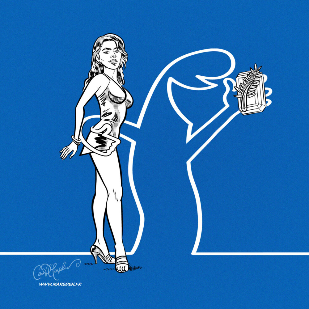 Illustration by Ian David Marsden: La Linea character with Italian starlet for Viva Cavandoli exhibition