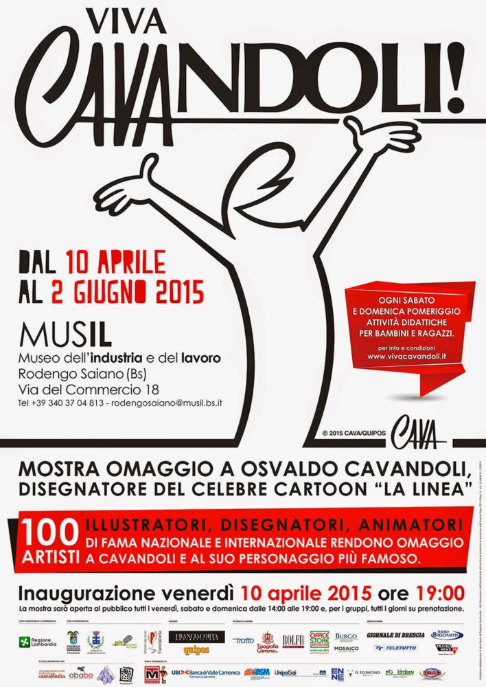 Official poster for Viva Cavandoli exhibition 2015 in Brescia, Italy, honoring Osvaldo Cavandoli creator of La Linea