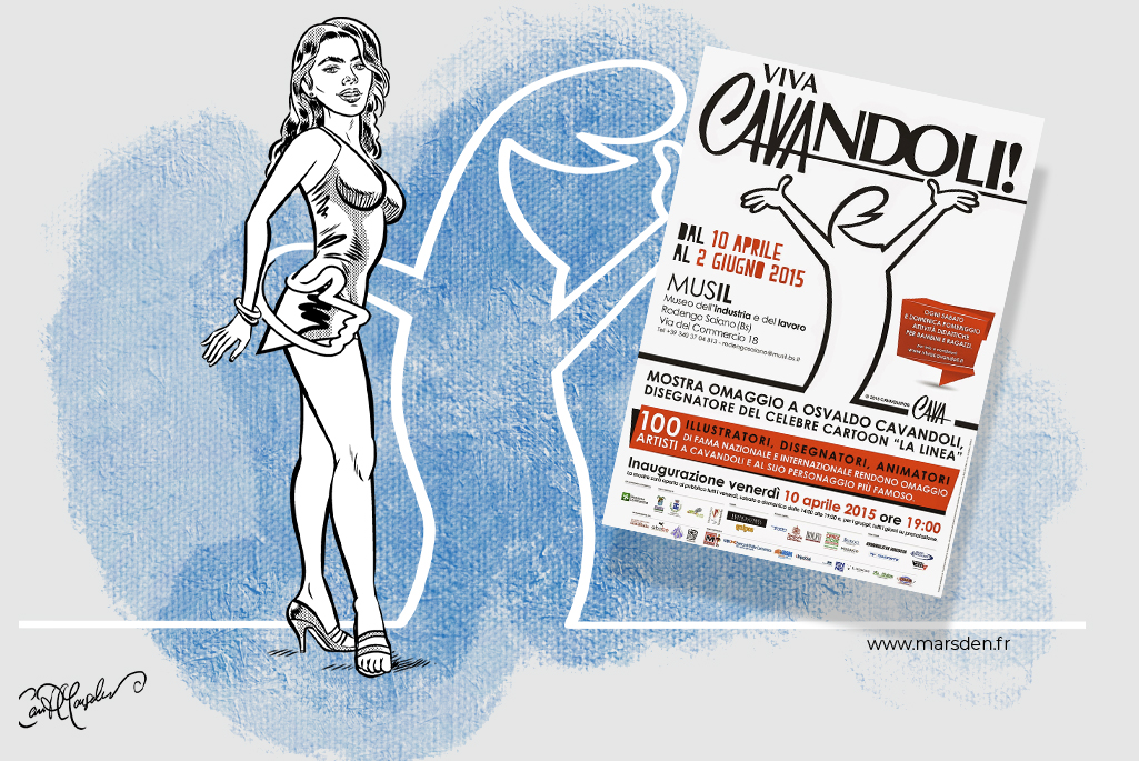 Illustration tribute by Ian David Marsden for Viva Cavandoli exhibition, La Linea with Italian starlet and paparazzi