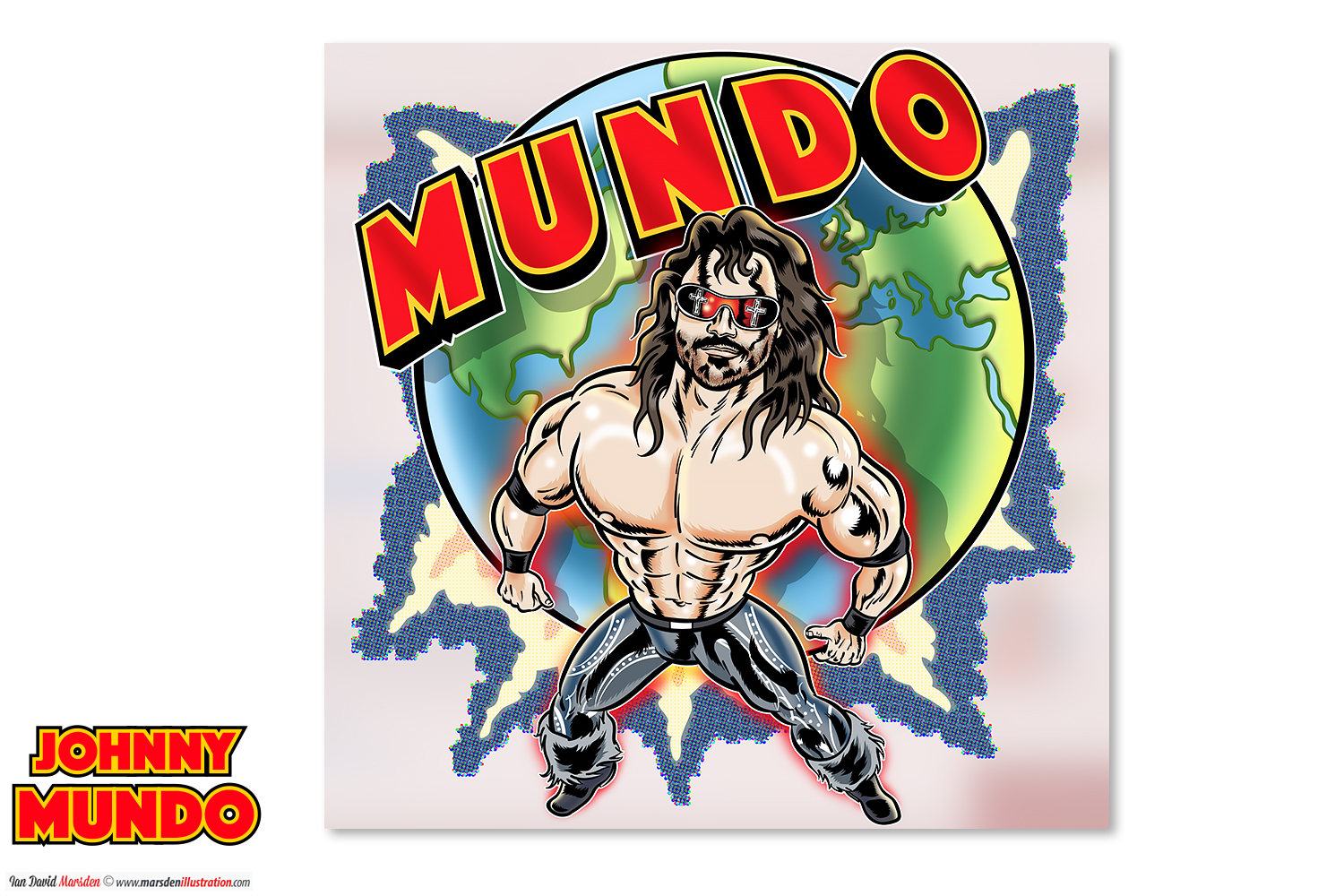 Muscular man with long hair and sunglasses in front of a stylized globe, "Mundo" in bold red.