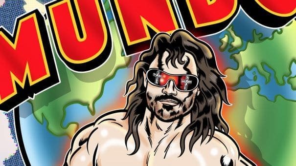 Stylized character with long hair, cross sunglasses; globe and "MUNDO" text in background.