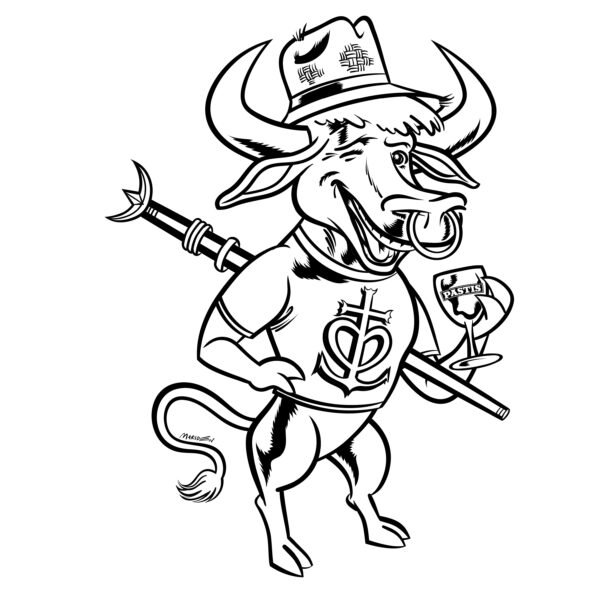 Cartoon bull in a hat, shirt with emblem, holding spear and glass labeled "Pastis".