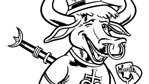 Cartoon bull in hat, winking, holding spear and Pastis glass, wearing emblem t-shirt.