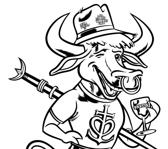 Cartoon bull in hat, winking, holding spear and Pastis glass, wearing emblem t-shirt.