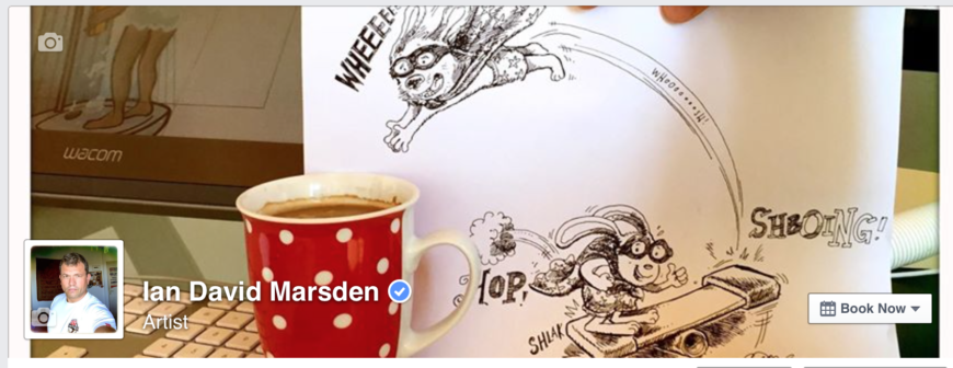 Artist's drawing of flying character with goggles, red polka dot mug in foreground.