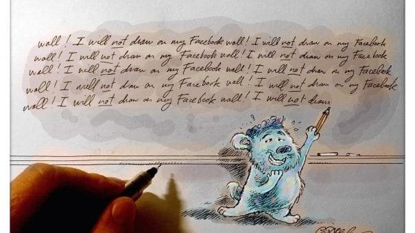 Handwriting "I will not draw on my Facebook wall" with cartoon creature holding pencil, 2015.