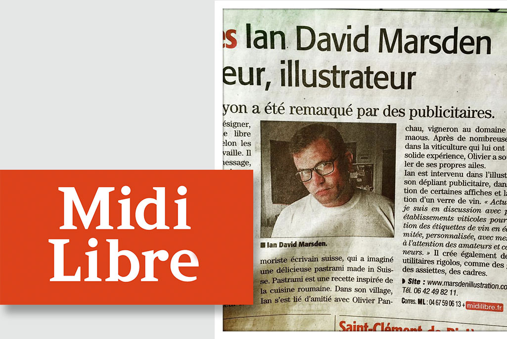 Portrait de Ian David Marsden dans le journal Midi Libre, illustrateur et graphiste à Claret, reconnu pour ses créations originales, ses projets en viticulture et son ancrage local.