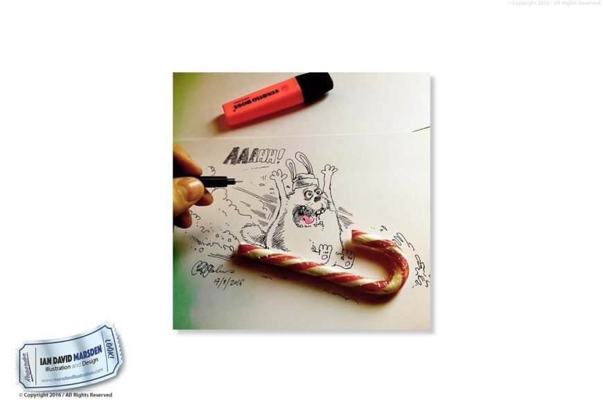 Hand drawing cartoon with surprised expression, real candy cane, pink highlighter in background.