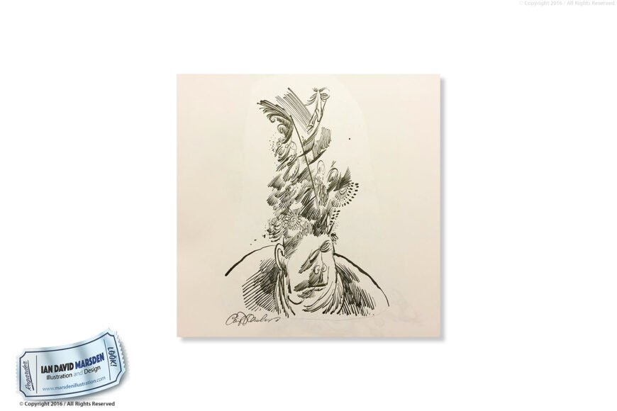 Abstract ink drawing of a head with intricate patterns resembling plants or feathers, signed.