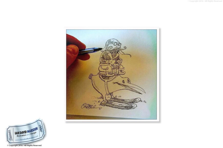 Cartoon character with glasses on ski-equipped bird, being drawn by hand, signed artwork.