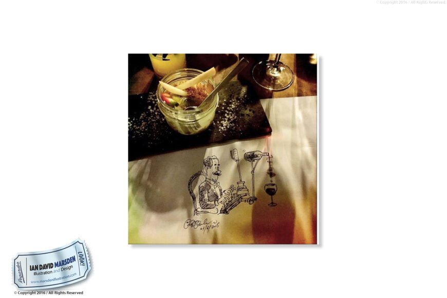 Table setting with dessert jar and spoon, alongside a drawing of a person with wine device.