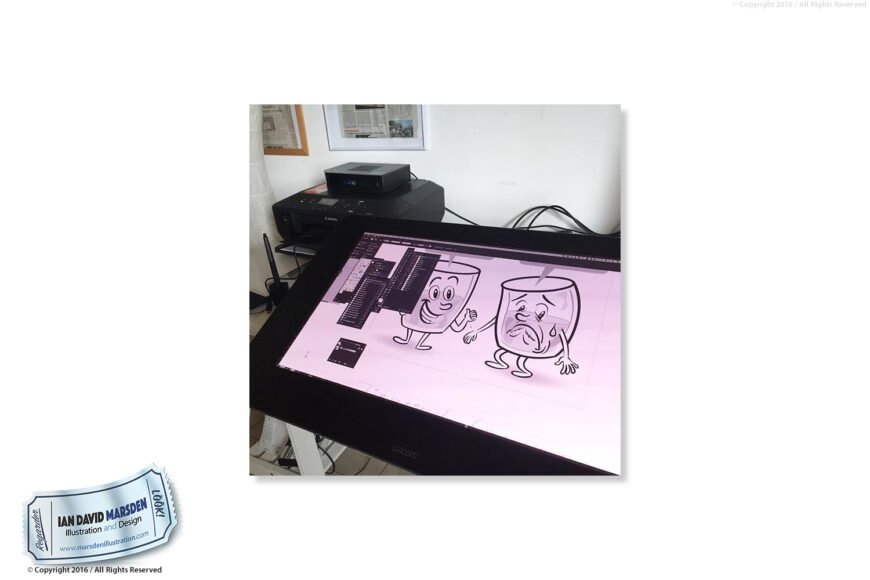 Digital drawing tablet showing cartoon glasses, one smiling, one frowning, with a printer behind.