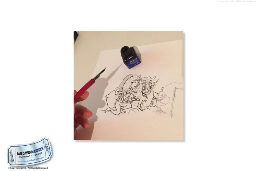 Hand using dip pen on a sketch showing two cartoon characters with an ink bottle nearby.