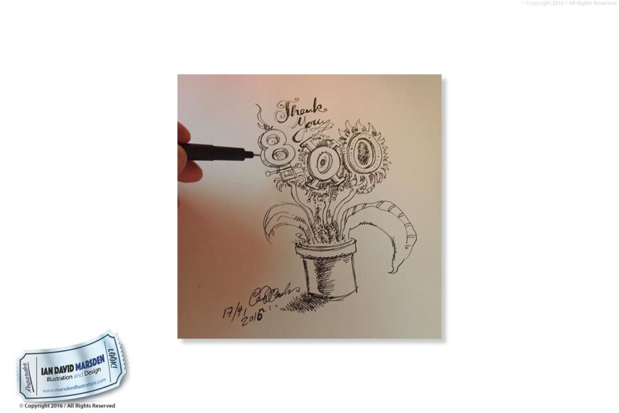 Hand drawing plant with "800" in mechanical style, signed April 17, 2016 by Ian David Marsden.