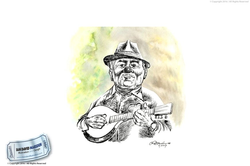 Man in a hat plays stringed instrument, watercolor background.