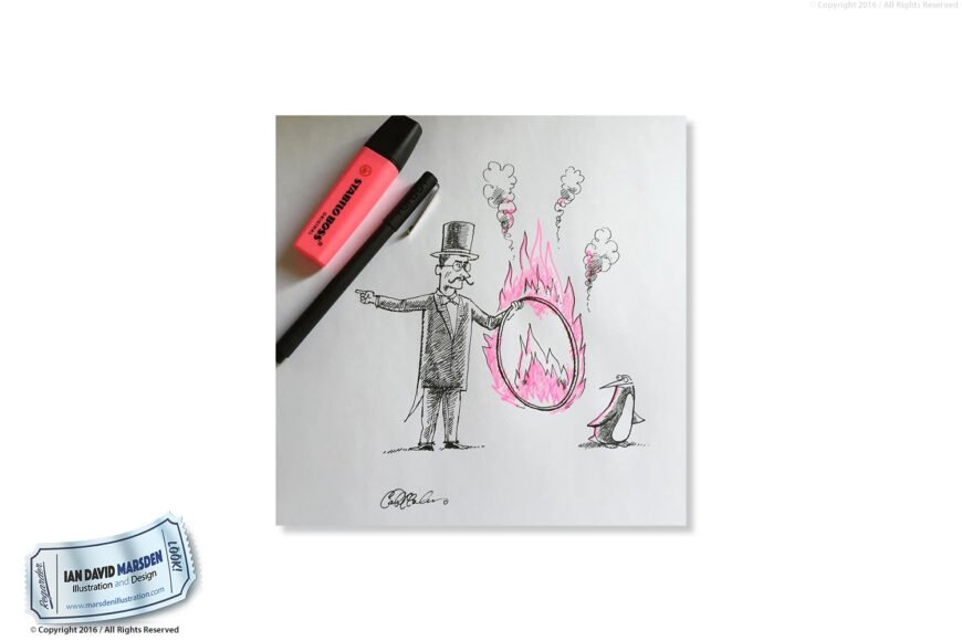 Man in top hat points at fiery ring with penguin; pink highlighter, pen, and watermark present.