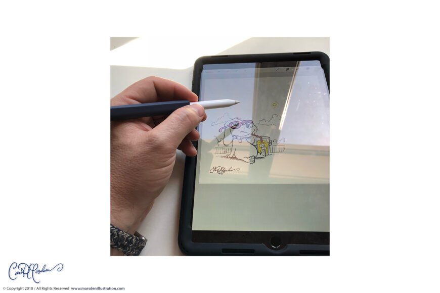 Person drawing cartoon of character with sunglasses and dog on tablet using stylus.